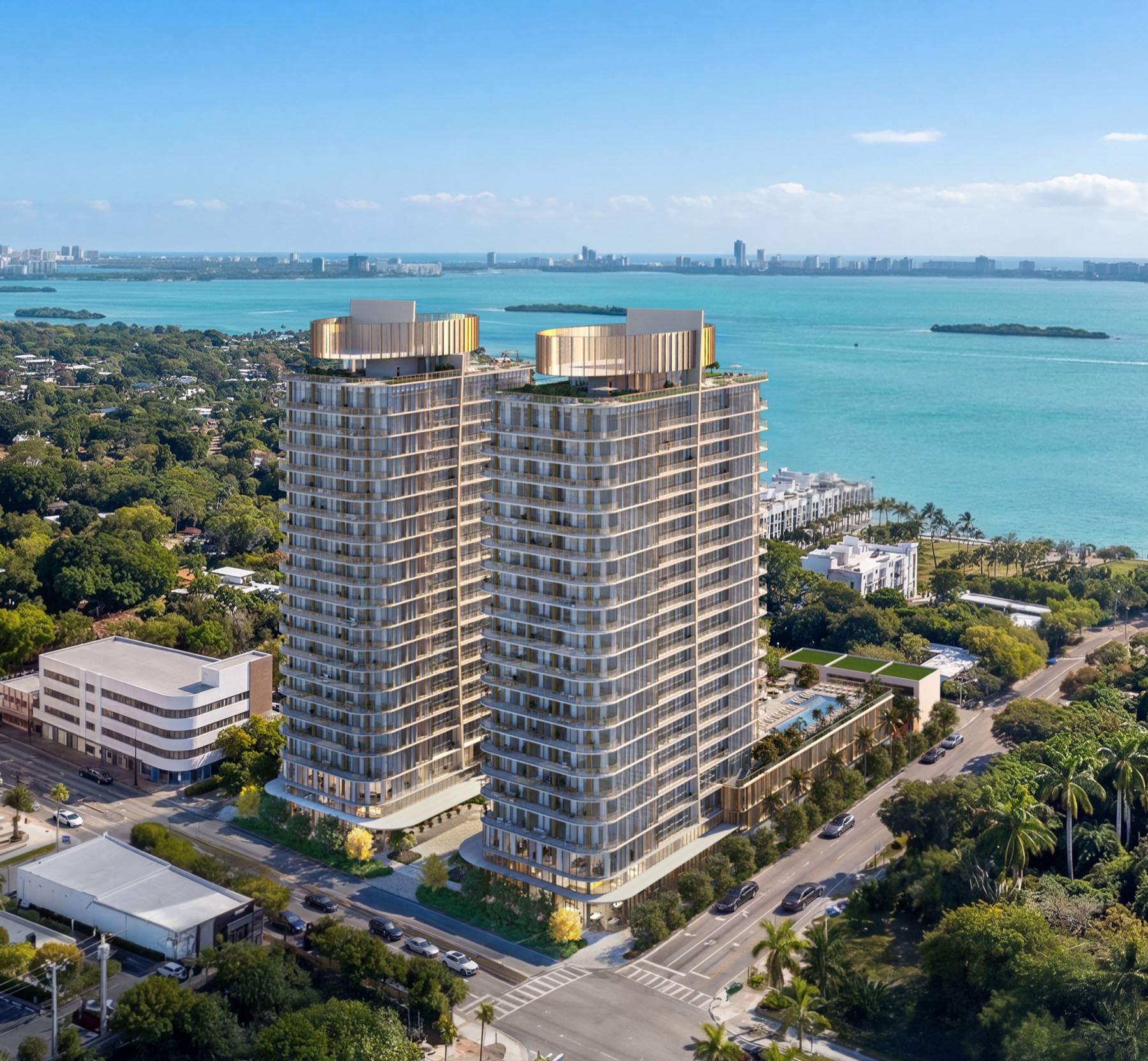 Penthouse floors — aerial view over Biscayne Bay and the Design District.