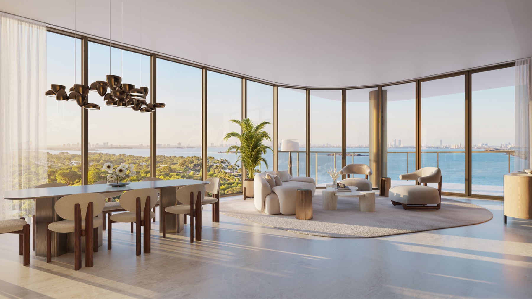 Tower residence great room with floor-to-ceiling glass and 11-foot ceilings.