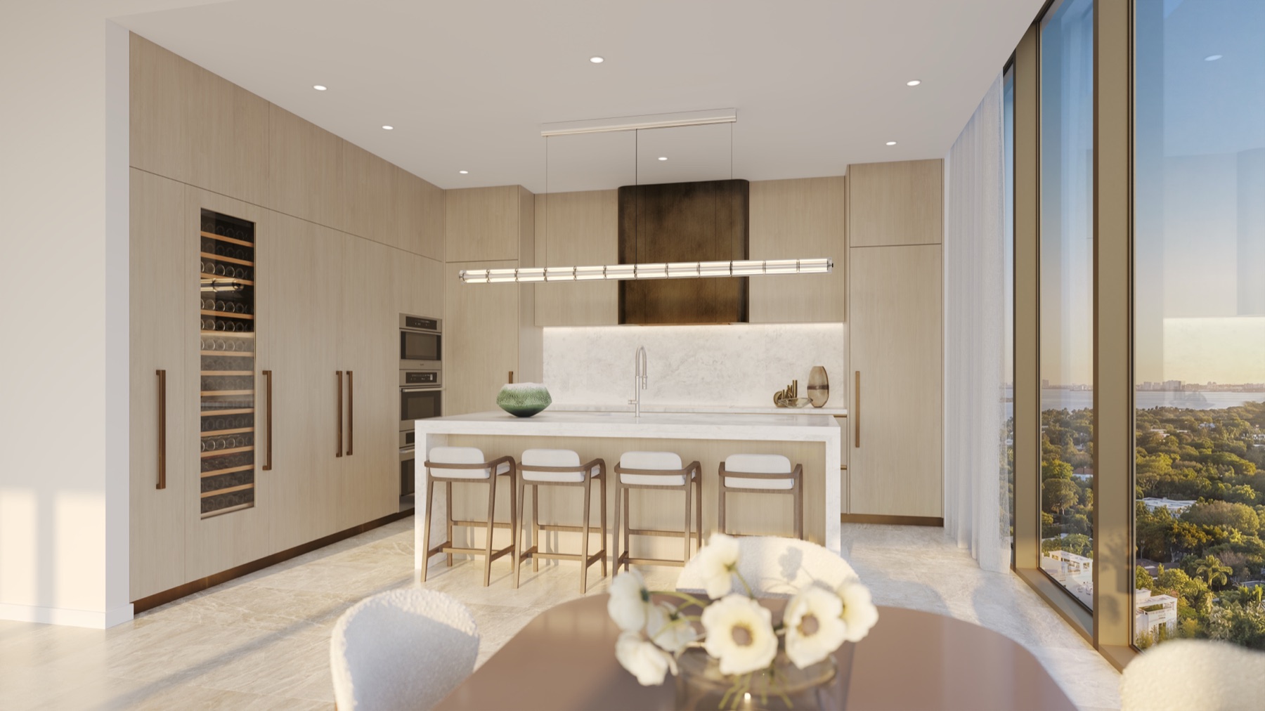 Alternate kitchen rendering with custom-paneled side-by-side refrigerator and freezer.