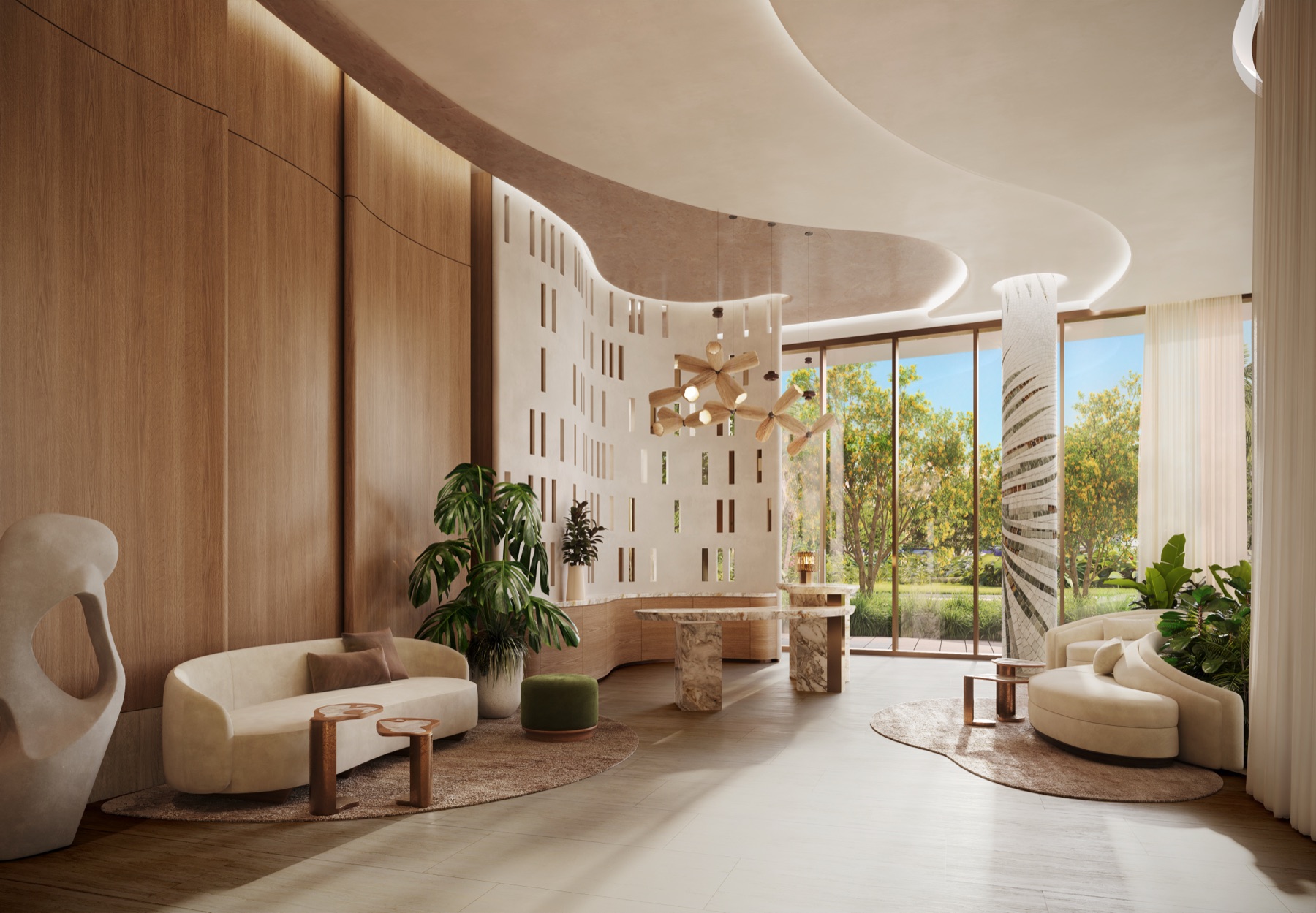 South Tower residential lobby — natural stone, Rockwell Group interiors.