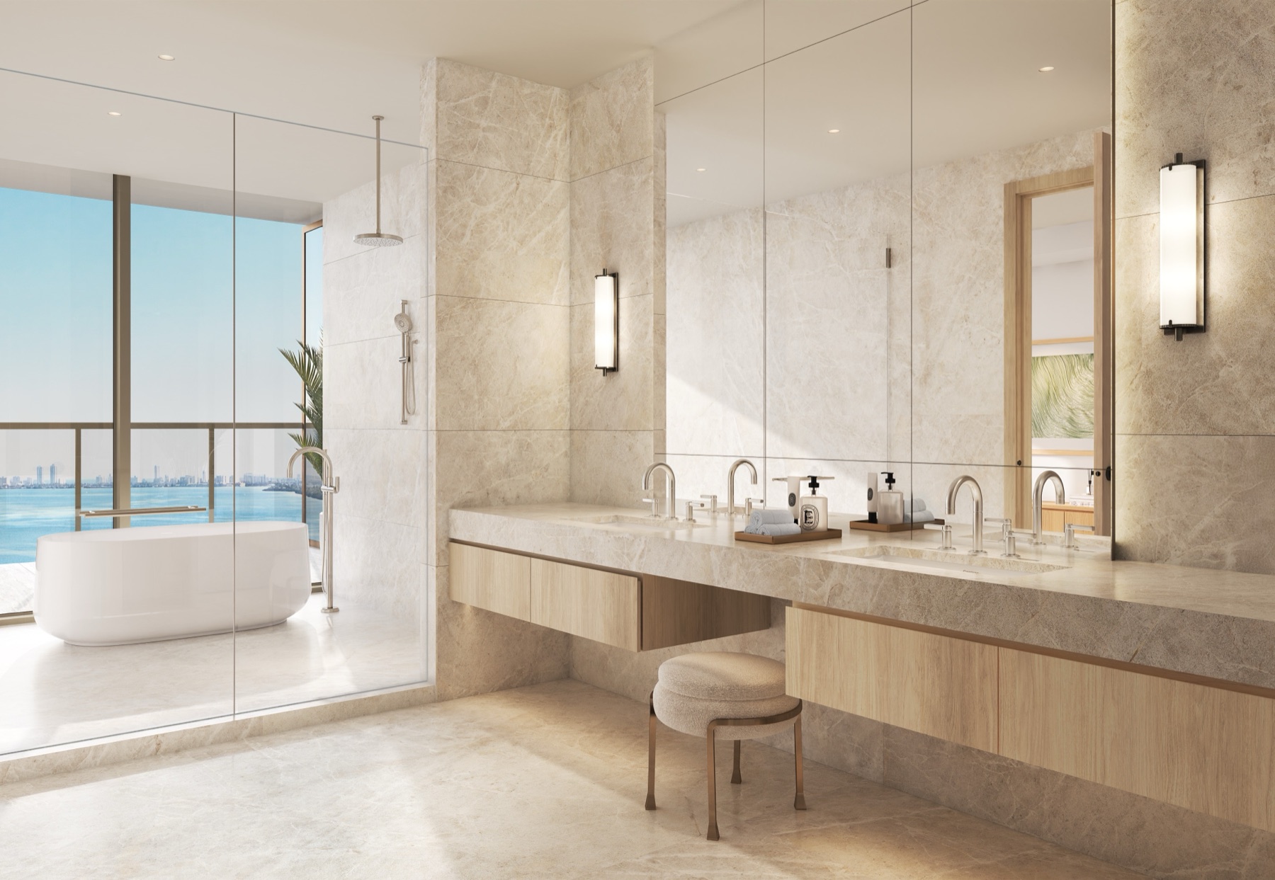 Ensuite bathroom with natural stone walls, floors, and counters, freestanding tub, oversized shower.